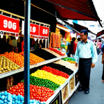 **Prompt:** A vibrant street market in Malaysia, filled with stalls displaying products priced with numbers ending in '9' (e.g., RM