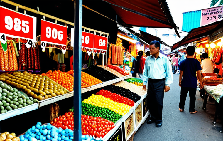 **Prompt:** A vibrant street market in Malaysia, filled with stalls displaying products priced with numbers ending in '9' (e.g., RM