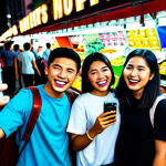 **

A group of diverse friends, fully clothed in trendy modest outfits, are laughing and taking selfies at a vibrant night market in Kuala Lumpur. Stalls selling colorful snacks and merchandise are visible in the background. The scene is lively and energetic, reflecting the influence of social media and peer pressure on purchasing decisions. Safe for work, appropriate content, professional photography, perfect anatomy, well-formed hands, natural pose, family-friendly.

**