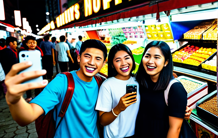 **

A group of diverse friends, fully clothed in trendy modest outfits, are laughing and taking selfies at a vibrant night market in Kuala Lumpur. Stalls selling colorful snacks and merchandise are visible in the background. The scene is lively and energetic, reflecting the influence of social media and peer pressure on purchasing decisions. Safe for work, appropriate content, professional photography, perfect anatomy, well-formed hands, natural pose, family-friendly.

**
