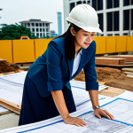 "A professional female architect in a fully clothed, modest business attire, reviewing blueprints at a construction site in Kuala Lumpur, Malaysia, safe for work, appropriate content, perfect anatomy, correct proportions, natural pose, professional, family-friendly."