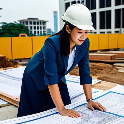 "A professional female architect in a fully clothed, modest business attire, reviewing blueprints at a construction site in Kuala Lumpur, Malaysia, safe for work, appropriate content, perfect anatomy, correct proportions, natural pose, professional, family-friendly."