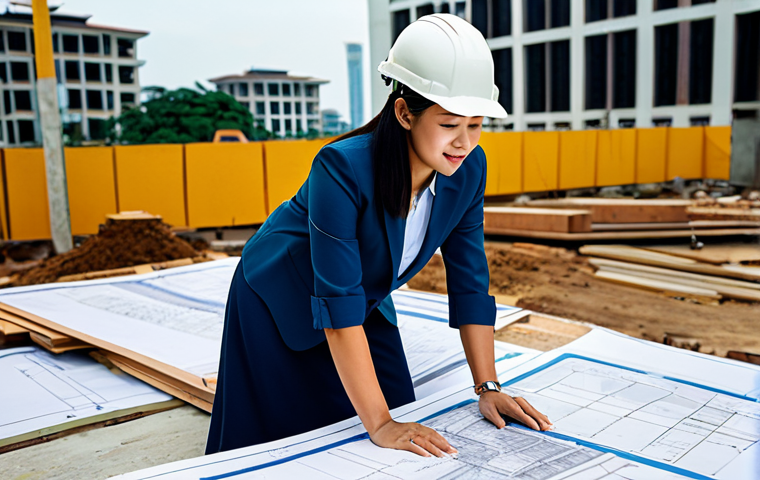 "A professional female architect in a fully clothed, modest business attire, reviewing blueprints at a construction site in Kuala Lumpur, Malaysia, safe for work, appropriate content, perfect anatomy, correct proportions, natural pose, professional, family-friendly."