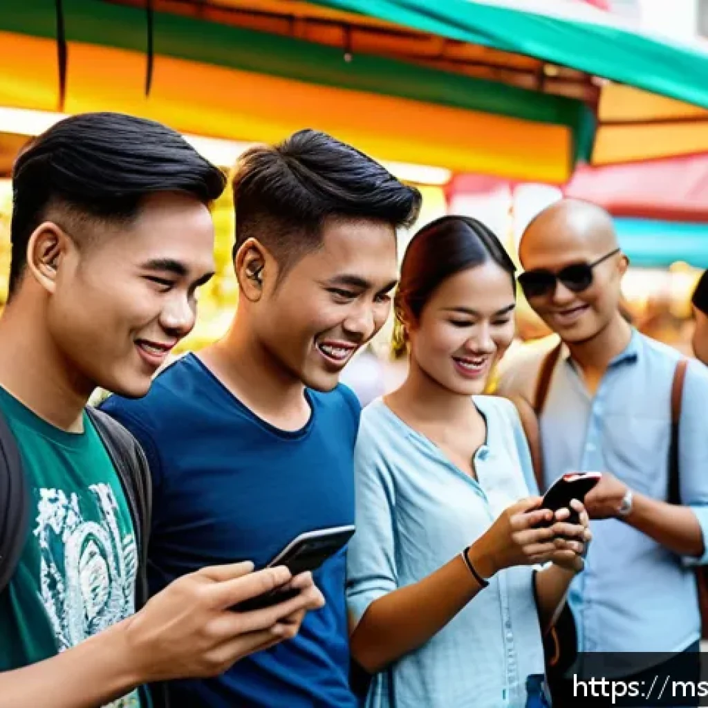 괴짜 경제학의 트렌드와 발전 방향 - A modern Malaysian urban scene showing a diverse group of young adults using smartphones and e-walle...