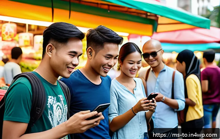 괴짜 경제학의 트렌드와 발전 방향 - A modern Malaysian urban scene showing a diverse group of young adults using smartphones and e-walle...