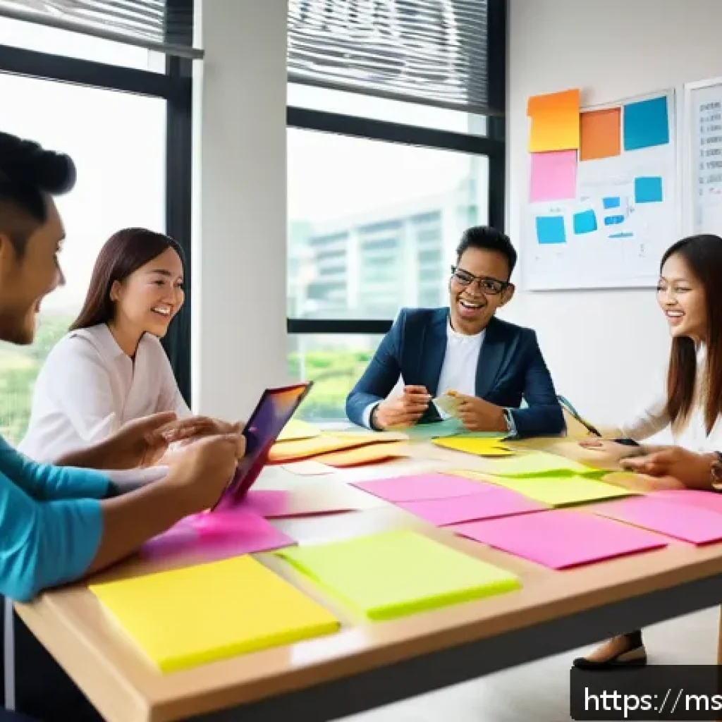 괴짜 경제학의 혁신적 아이디어 발굴 방법 - A modern Malaysian small business office scene showing a diverse team of professionals engaged in a ...