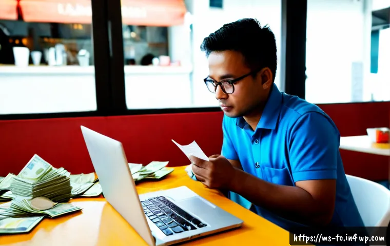 Home 17 괴짜 경제학의 데이터 기반 의사 결정 - Photorealistic Malaysian small business owner in a bright Kuala Lumpur café, studying colorful but u...